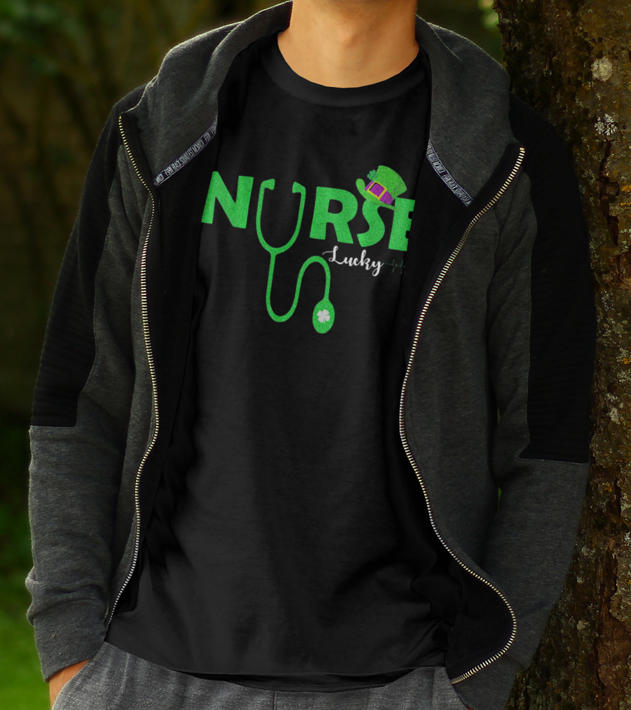 Lucky Nurse St. Patrick's Day With Shamrock Stethoscope And Leprechaun Hat T-Shirt