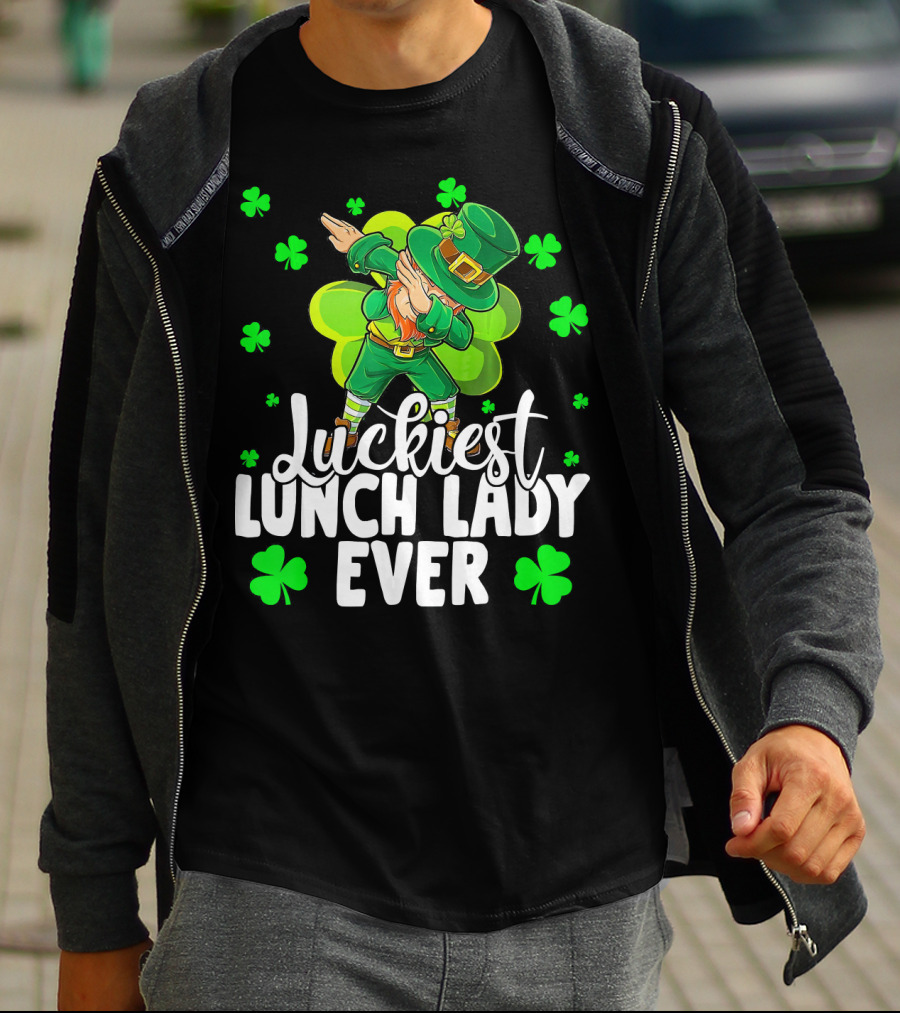 Luckiest Lunch Lady Ever Dancing Leprechaun With Shamrocks T-Shirt