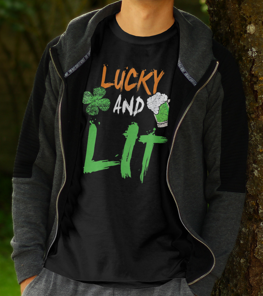 Lucky And Lit Irish Flag Shamrock Beer St. Patrick's Day T-Shirt