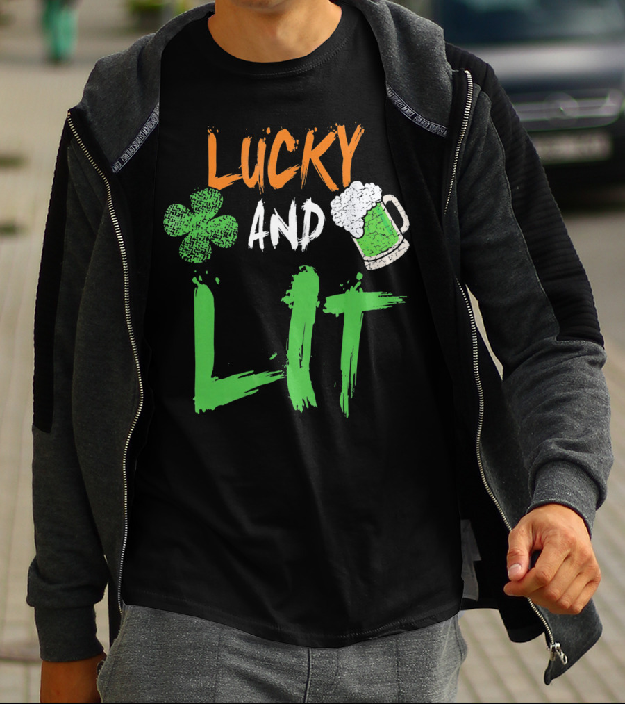 Lucky And Lit Irish Flag Shamrock Beer St. Patrick's Day T-Shirt