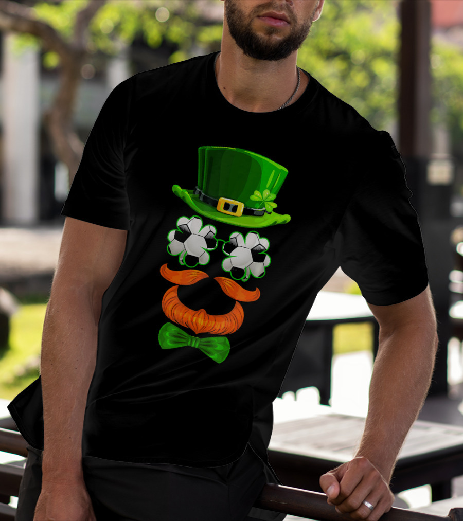Leprechaun Hat With Soccer Ball Shamrock Glasses And Clover Bowtie T-Shirt