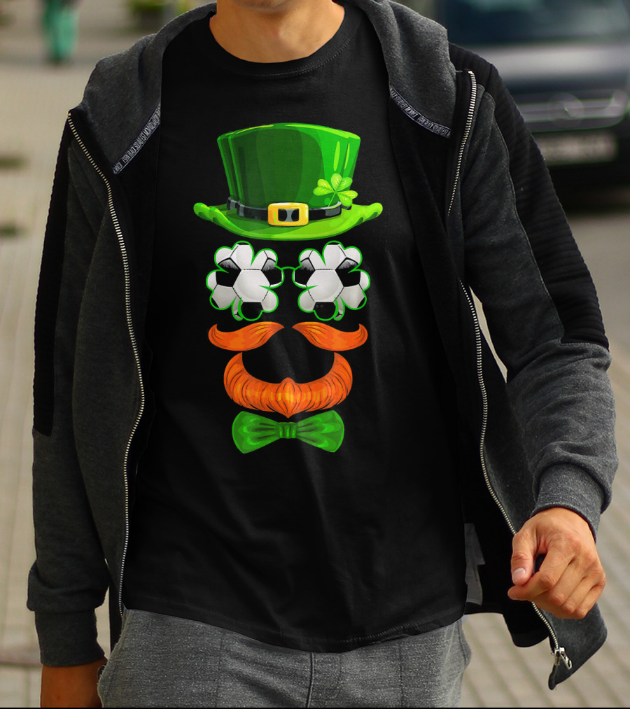 Leprechaun Hat With Soccer Ball Shamrock Glasses And Clover Bowtie T-Shirt
