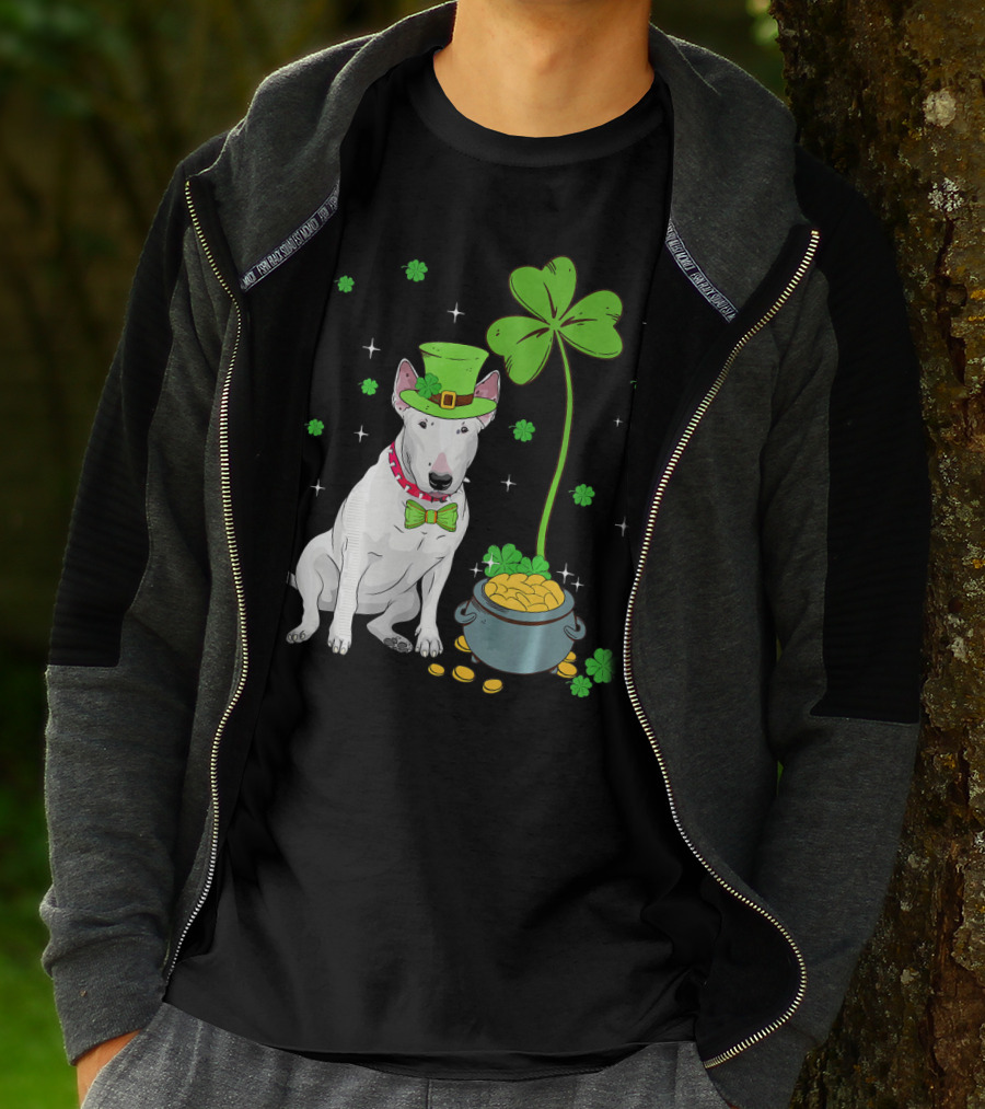 Shamrock Leprechaun Bull Terrier Pot Of Gold And Clover T-Shirt