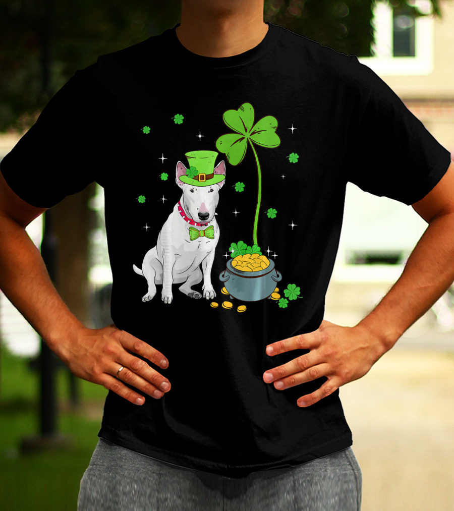 Shamrock Leprechaun Bull Terrier Pot Of Gold And Clover T-Shirt
