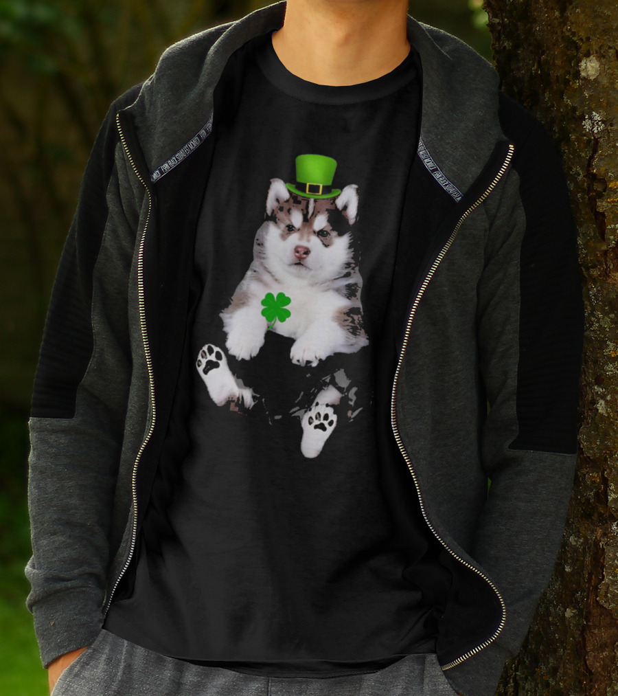 St Patricks Day Husky Puppy Shamrock Hat Paw Prints T-Shirt