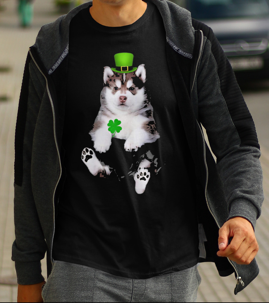 St Patricks Day Husky Puppy Shamrock Hat Paw Prints T-Shirt