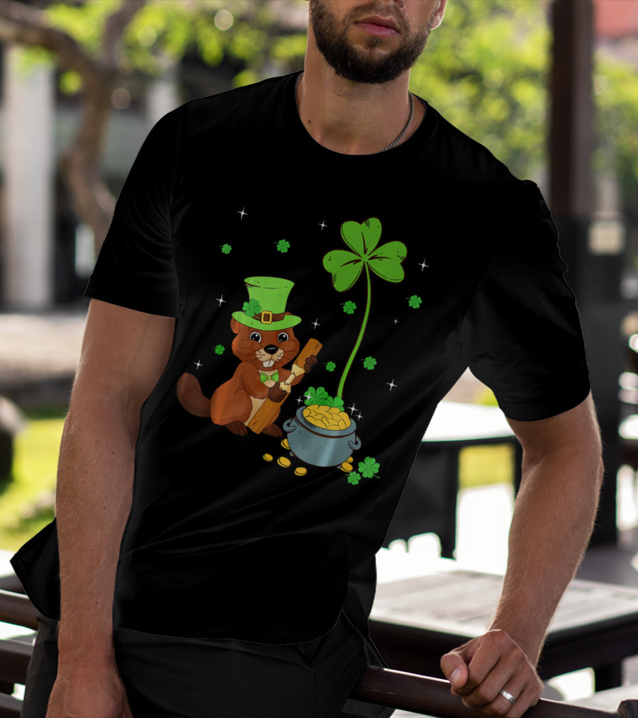Shamrock-Leprechaun Beaver With Pot Of Gold And Clover For St Patricks T-Shirt