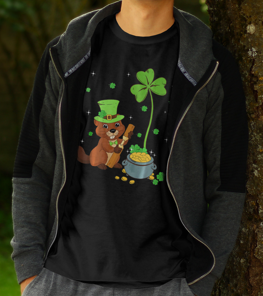 Shamrock-Leprechaun Beaver With Pot Of Gold And Clover For St Patricks T-Shirt