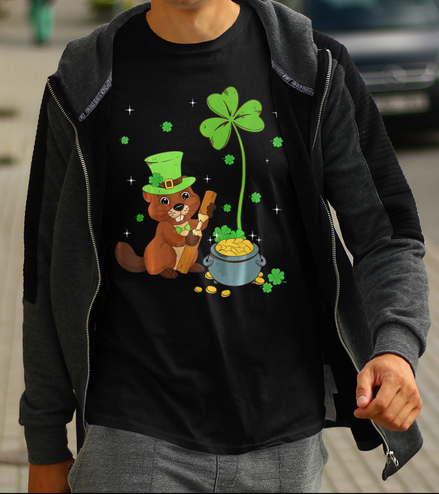 Shamrock-Leprechaun Beaver With Pot Of Gold And Clover For St Patricks T-Shirt