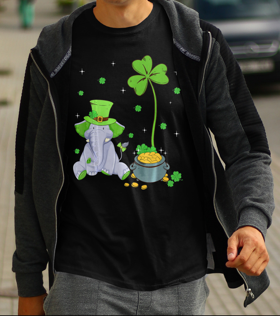 Shamrock Leprechaun Elephant St Patricks Pot Of Gold T-Shirt