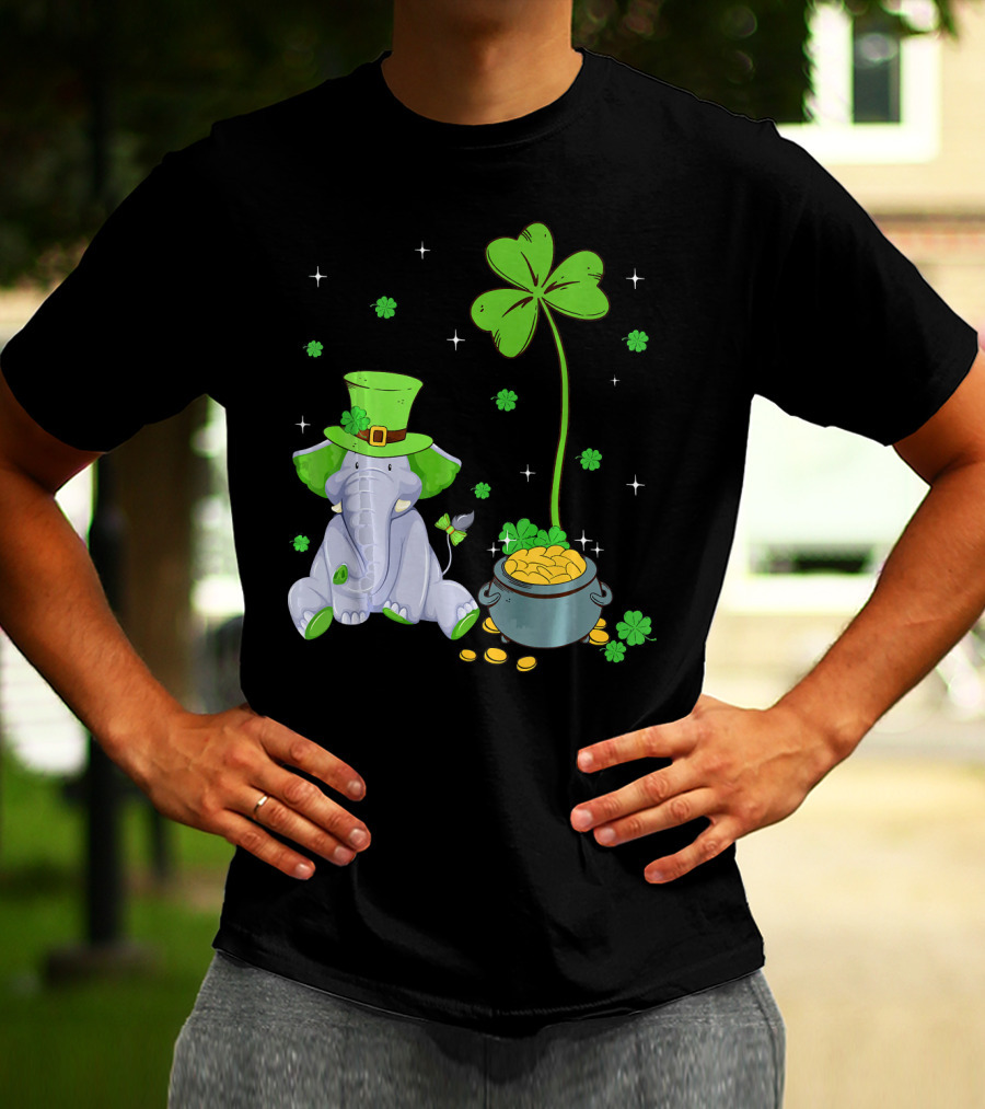 Shamrock Leprechaun Elephant St Patricks Pot Of Gold T-Shirt