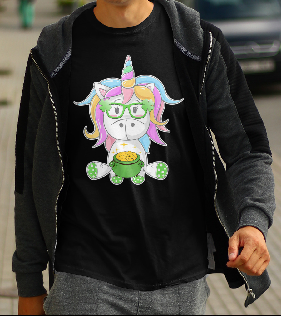 Unicorn Face Saint Patricks Day Shamrock Glasses Pot Of Gold T-Shirt