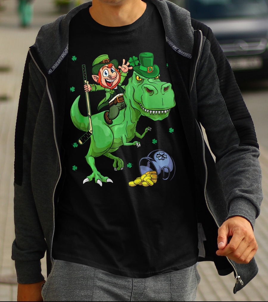 Funny St. Pat Rex Day Leprechaun Riding Dinosaur With Hockey Stick And Gold Coins T-Shirt