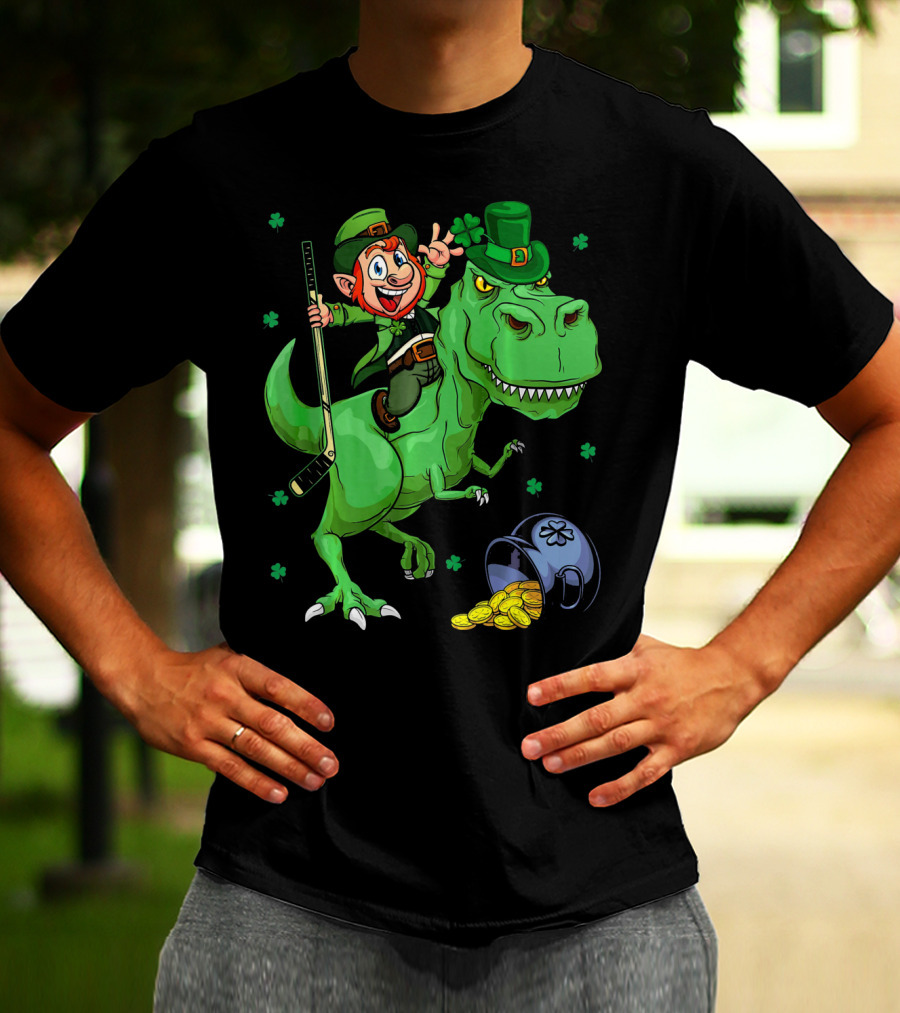 Funny St. Pat Rex Day Leprechaun Riding Dinosaur With Hockey Stick And Gold Coins T-Shirt