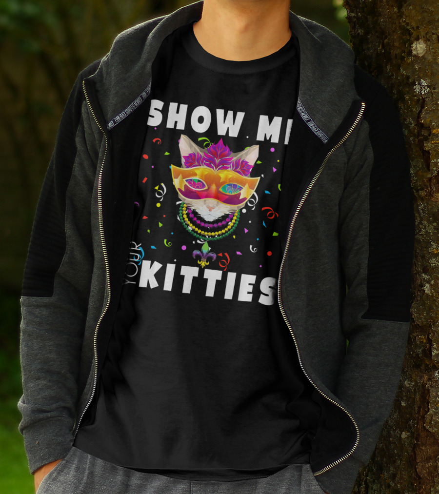 Show Me Your Kitties Mardi Gras Cat Mask And Beads Confetti T-Shirt