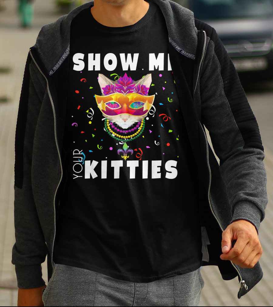 Show Me Your Kitties Mardi Gras Cat Mask And Beads Confetti T-Shirt