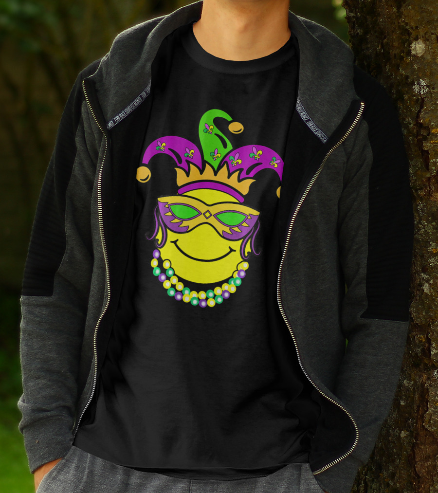 Mardi Gras Emoji Jester Mask Fleur-de-Lis Beads Funny Mardi Gras Lover T-Shirt