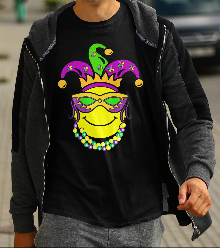 Mardi Gras Emoji Jester Mask Fleur-de-Lis Beads Funny Mardi Gras Lover T-Shirt