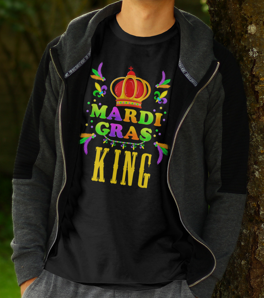 Mardi Gras King Cute Shrove Tuesday Fun Colorful Crown Feathers Fleur-de-Lis T-Shirt