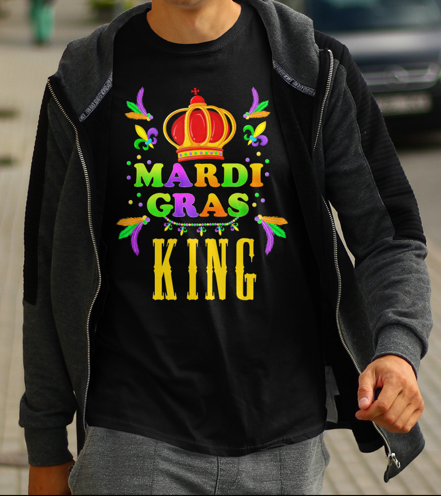Mardi Gras King Cute Shrove Tuesday Fun Colorful Crown Feathers Fleur-de-Lis T-Shirt