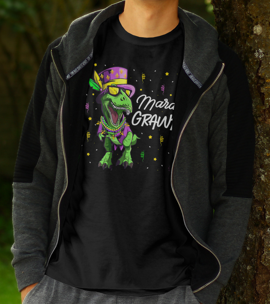 Mardi Grawr T-Rex Dinosaur Mardi Gras Beads And Hat T-Shirt