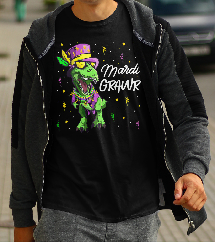 Mardi Grawr T-Rex Dinosaur Mardi Gras Beads And Hat T-Shirt