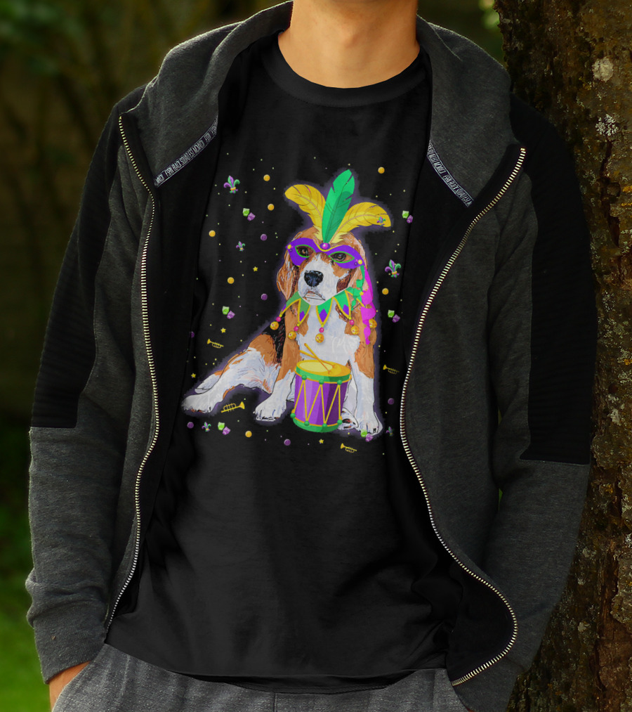 Mardi Gras Beagle In Mask With Feathers And Drum T-Shirt