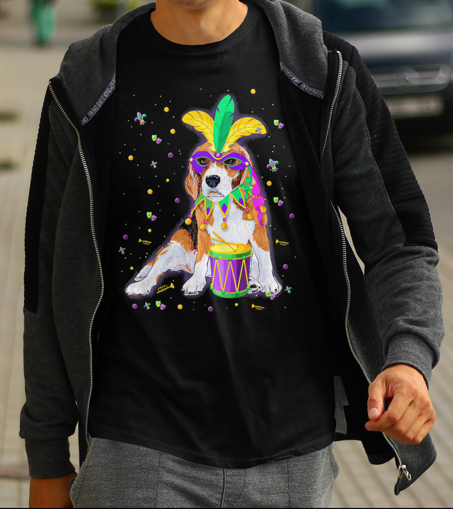 Mardi Gras Beagle In Mask With Feathers And Drum T-Shirt