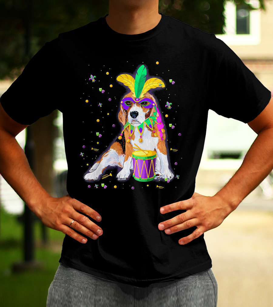Mardi Gras Beagle In Mask With Feathers And Drum T-Shirt