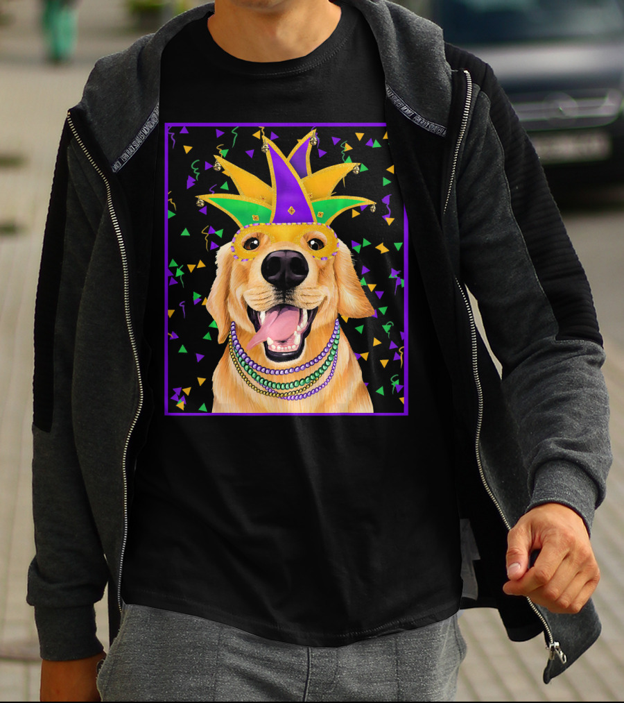 Mardi Gras Golden Retriever Wearing Colorful Jester Mask And Beads T-Shirt