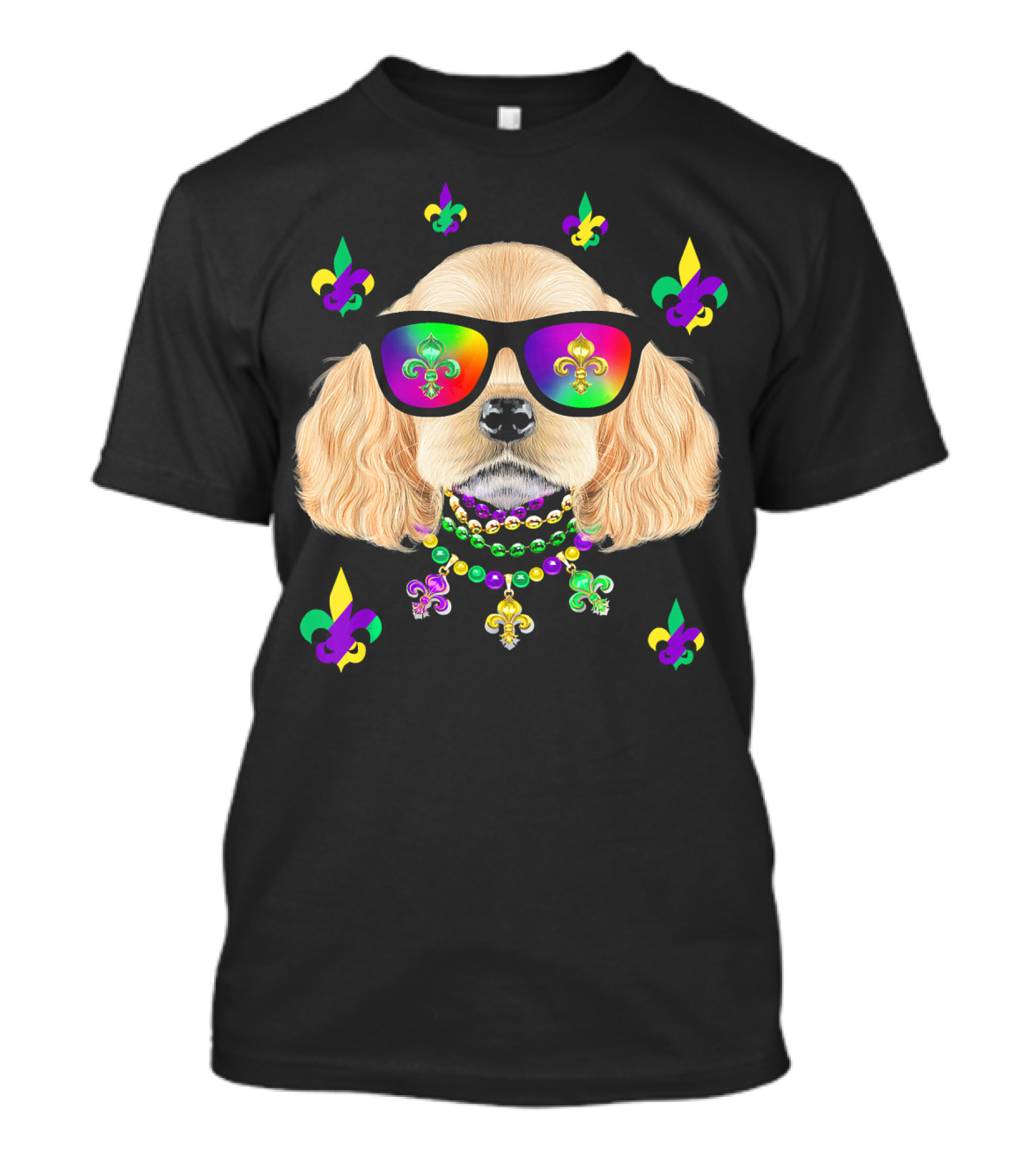 Dog Wearing Mardi Gras Beads And Sunglasses With Fleur-de-Lis T-Shirt