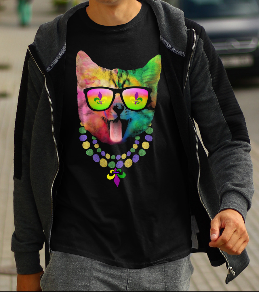 Cool Cat Mardi Gras Costume With Colorful Beads And Sunglasses Fleur-de-Lis T-Shirt