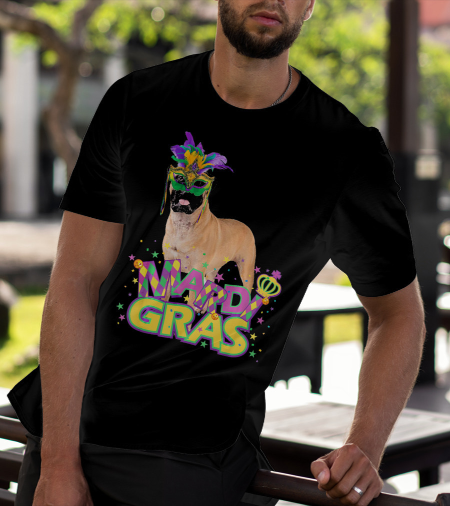Mardi Gras Bullmastiff Mask Feathers Stars T-Shirt