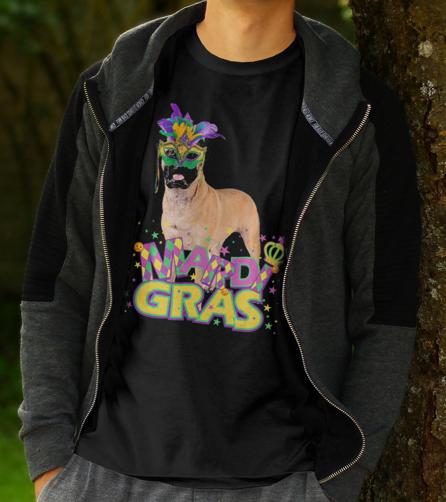 Mardi Gras Bullmastiff Mask Feathers Stars T-Shirt