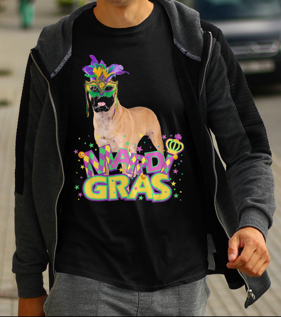 Mardi Gras Bullmastiff Mask Feathers Stars T-Shirt