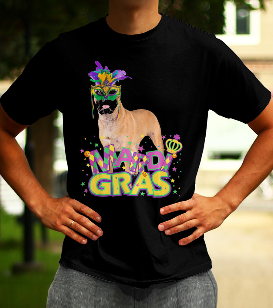 Mardi Gras Bullmastiff Mask Feathers Stars T-Shirt