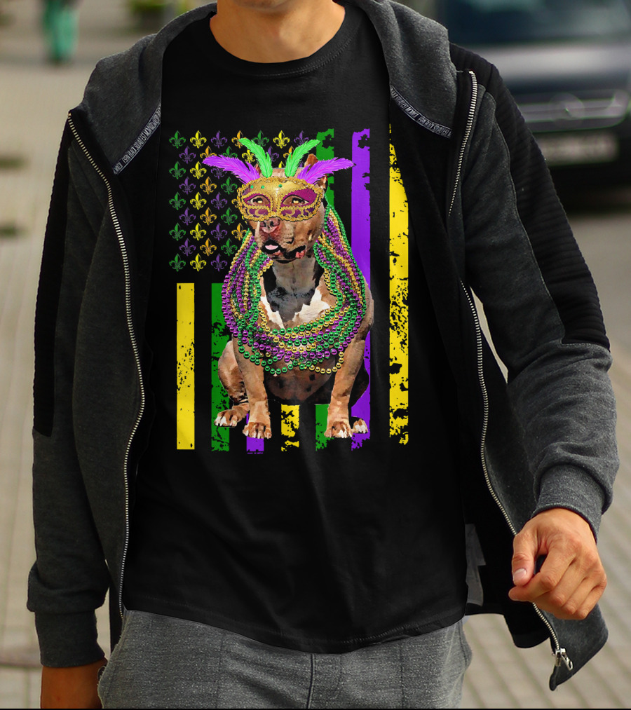 Pitbull Wearing Mardi Gras Beads And Mask With American Flag And Fleur De Lis T-Shirt