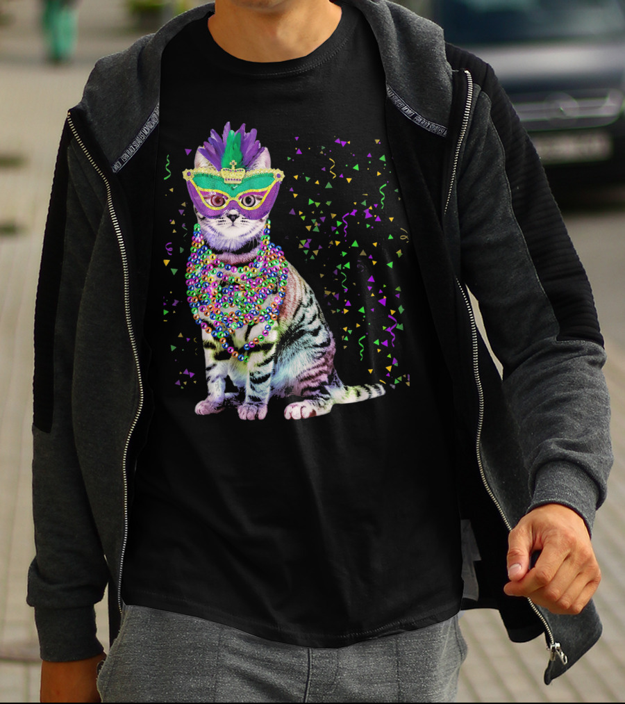 Cat Mardi Gras Beads Confetti Mask T-Shirt