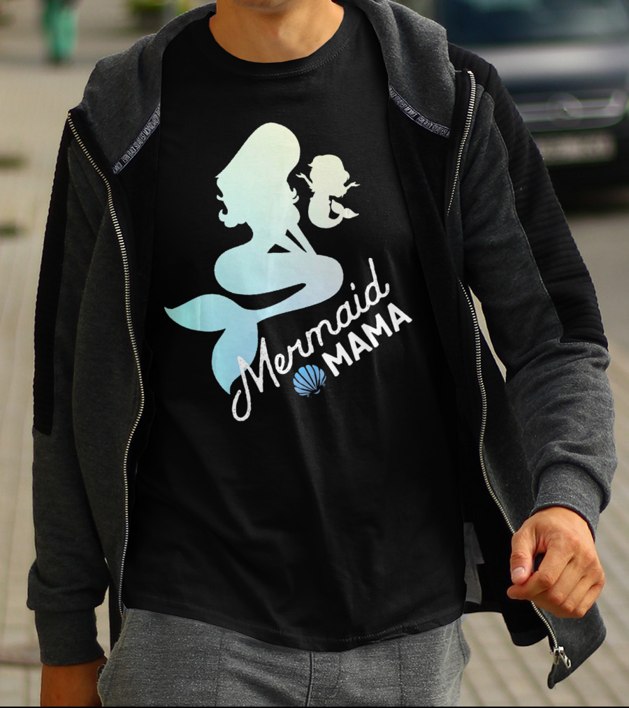 Mermaid Mama Sea Lover With Baby Silhouette And Shell T-Shirt