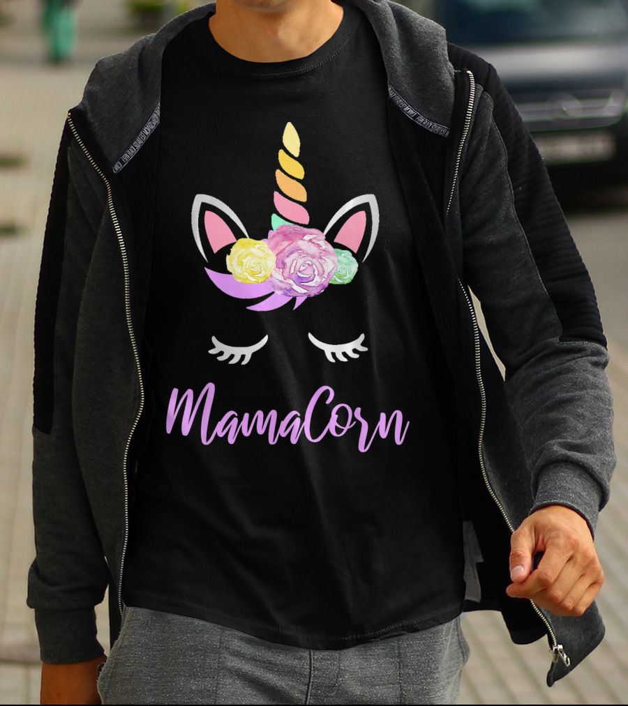 Mamacorn Unicorn Floral Roses Horn Ears And Lashes T-Shirt