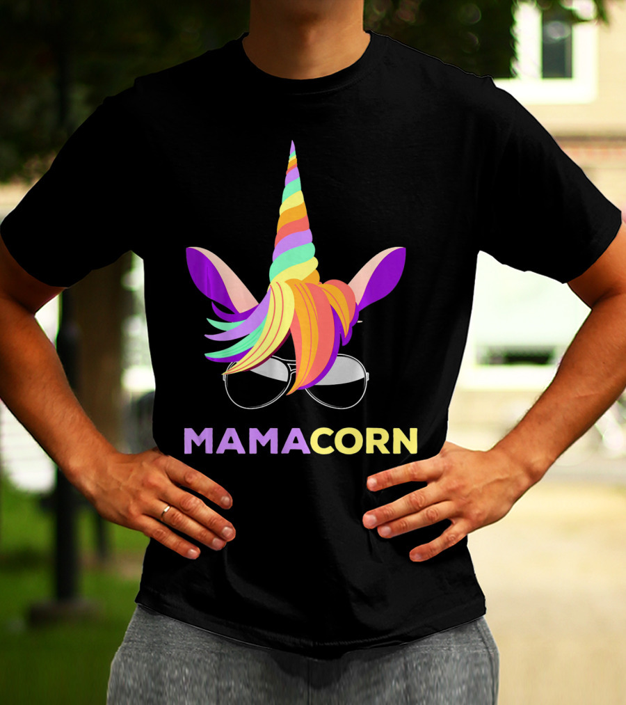 Mamacorn Unicorn Mom With Sunglasses Rainbow Horn T-Shirt