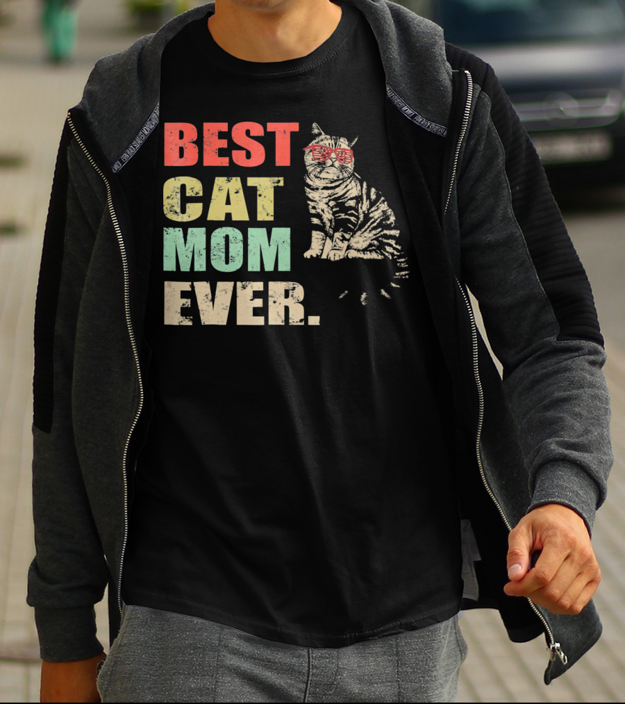 Best Cat Mom Ever Retro Cool Cat Design Matching Family T-Shirt