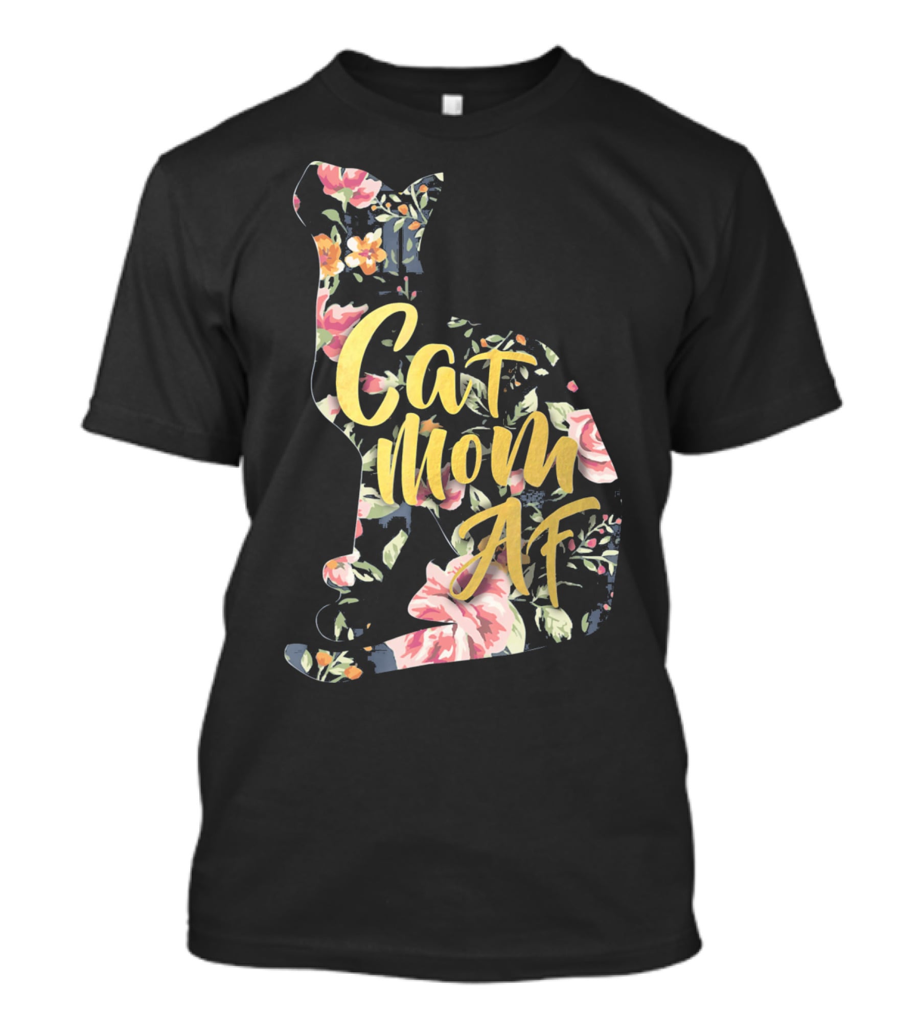 Cat Mom AF Floral Pattern Cat Shape T-Shirt