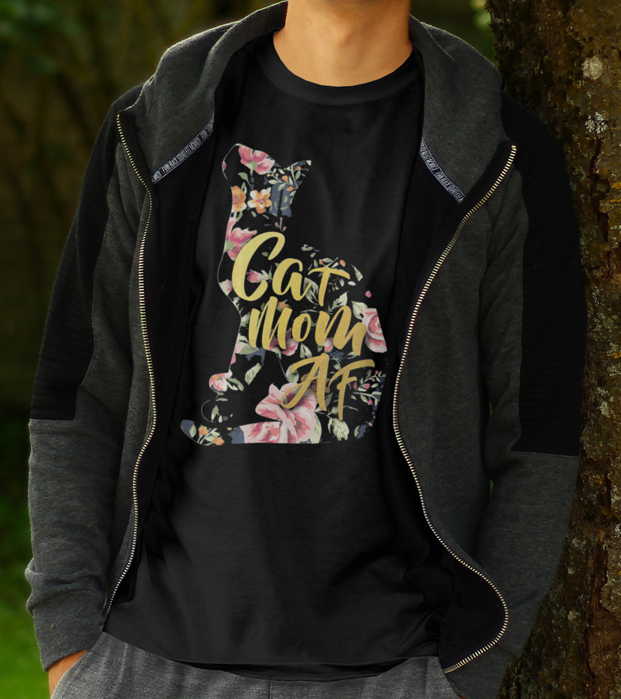 Cat Mom AF Floral Pattern Cat Shape T-Shirt