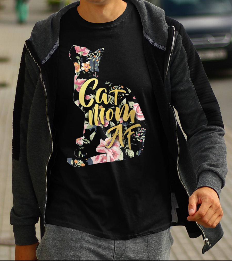 Cat Mom AF Floral Pattern Cat Shape T-Shirt