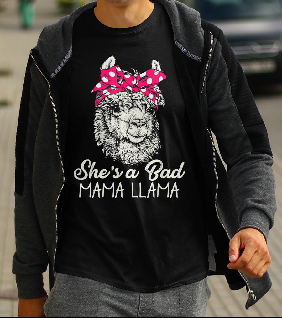 She's A Bad Mama Llama Retro Illustration With Red Polka Dot Headband T-Shirt