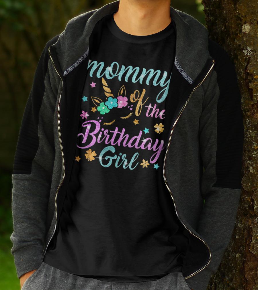 Mommy Of The Birthday Girl Unicorn Flowers Stars Playful Magic T-Shirt