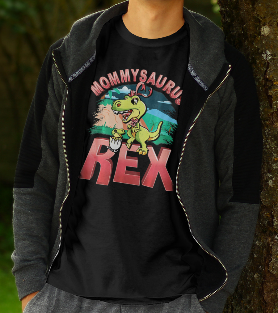 Mommysaurus Rex Dinosaur With Baby Egg In Prehistoric Landscape T-Shirt