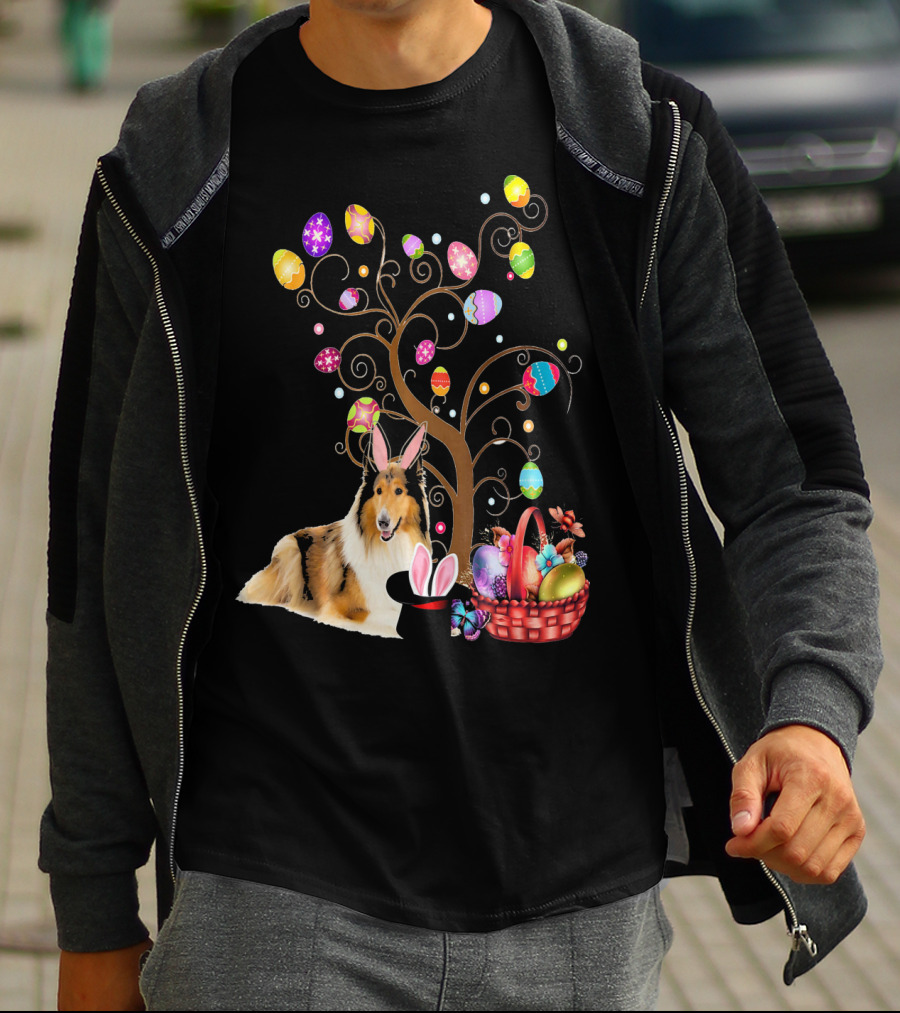 Bunny Rough Collie Easter Day Hunting Eggs Basket Tree T-Shirt