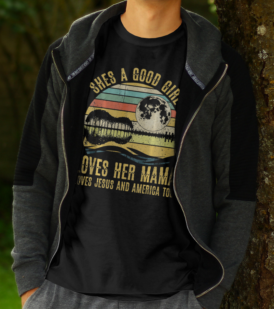 She's A Good Girl Loves Her Mama Loves Jesus And America Too Retro Acoustic Guitar Moon T-Shirt